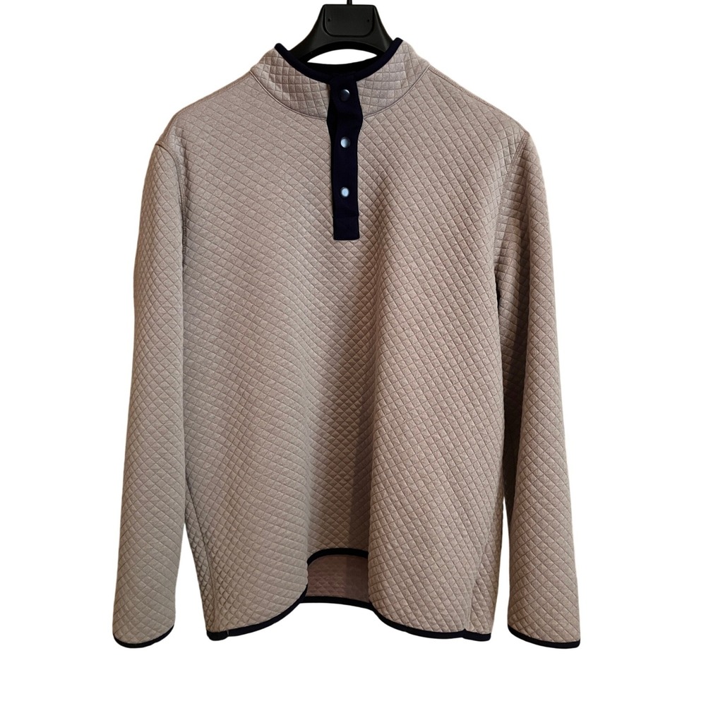 Johnston & Murphy Mens XL Quilted Snap Mock Neck Pullover Tan Navy‎ 74-5597
